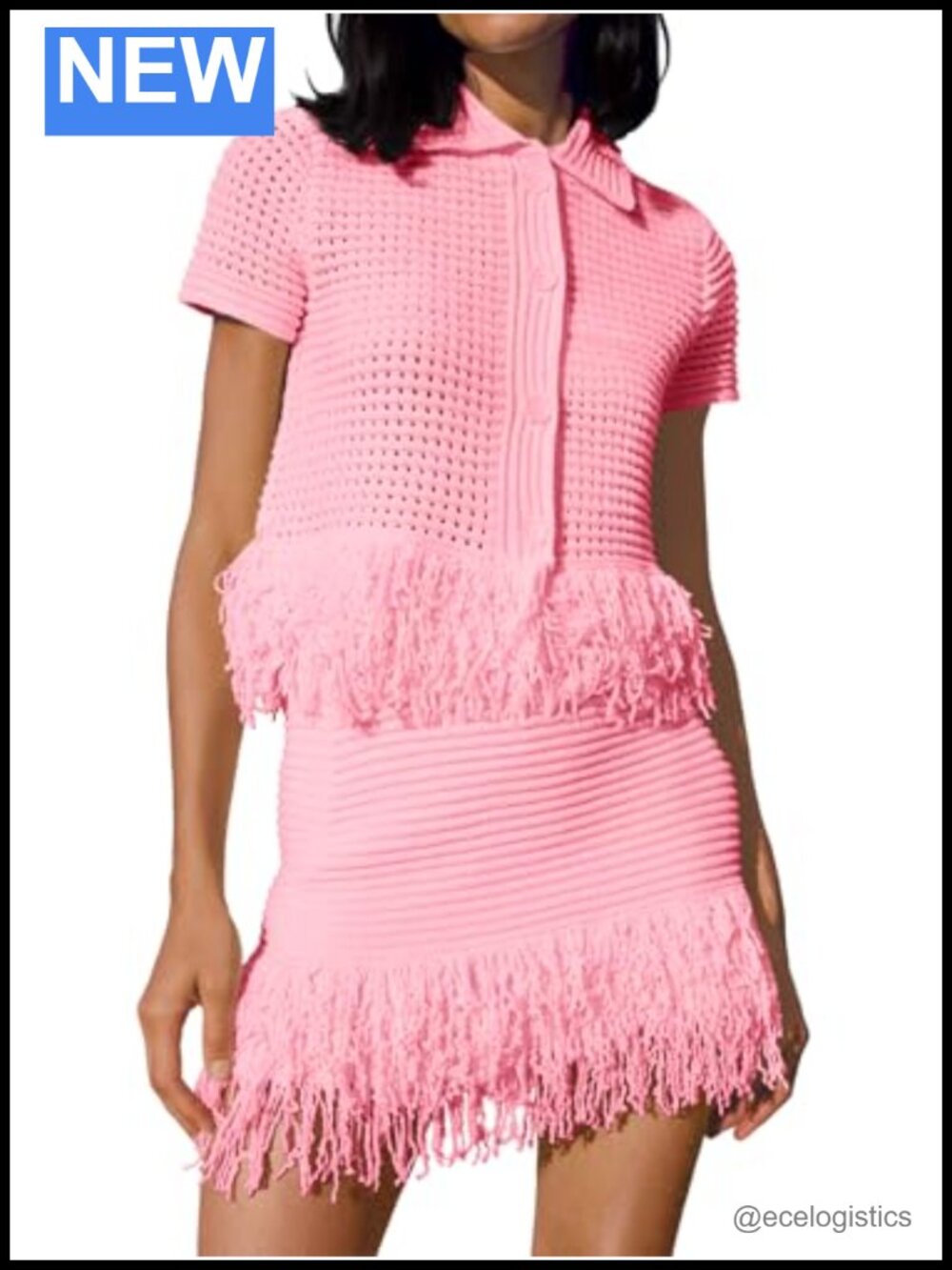 Women's 2 Piece Crochet Knit Sweater and Skirt Set, Short Sleeve Button Top